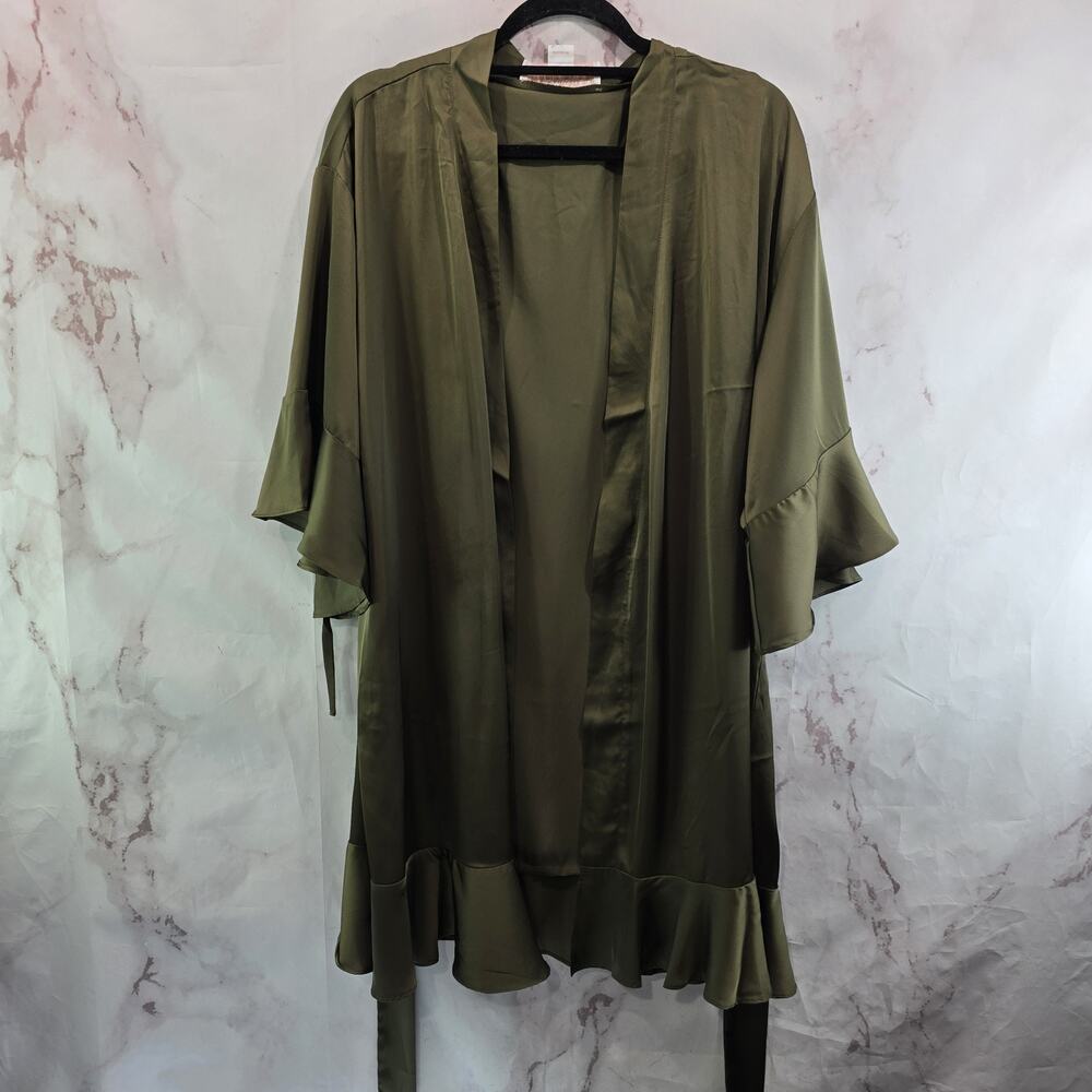 Birdy Grey Robe Womens M L Medium Large Olive Satin Housecoat Bath Kenny Ruffle